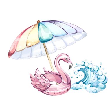 Canlı bir plaj sahnesi, çok renkli bir şemsiyenin altında şen şakrak pembe bir flamingo ile gözler önüne seriliyor. Okyanus dalgaları hafifçe sıçrar, yaz eğlencesi ve rahatlığı için mükemmel bir atmosfer yaratır..