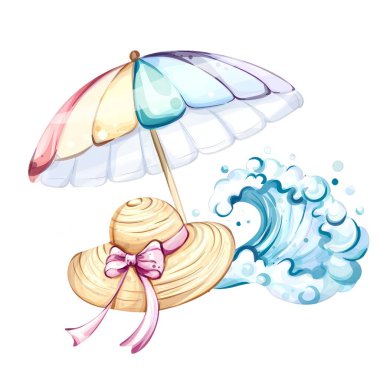 Sahilde keyifli bir yaz gününün tadını çıkarırken, neşeli dalgalar yakınlarda çarparken şık bir hasır şapkanın yanında duran canlı bir şemsiye rahatlama ve eğlence için mükemmeldir..