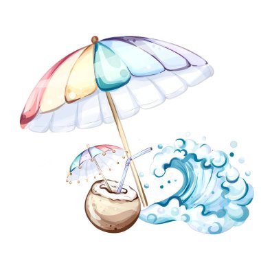 Renkli bir plaj şemsiyesi hindistan cevizi içeceğinin yanında duruyor, plaja gidenleri dinlenmeye davet ediyor. Yakınlarda enerji dalgaları sıçrıyor, yaz eğlencesi ve rahatlığı için mükemmel bir atmosfer yaratıyor..