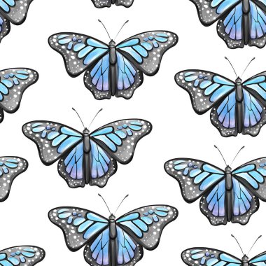 Kelebeklerin canlı mavi kanatları ve hassas gri aksanları olan ayrıntılı, pürüzsüz desenleri var. Ev dekorasyonu ya da moda tasarımında arka plan ya da duvar kağıdı olarak kullanılmak için mükemmel..