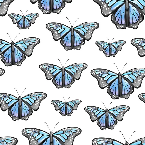 Bu tasarım, çeşitli boyutlarda mavi kelebeklerin hoş bir düzenini göstermektedir. Temiz beyaz arka plan, şenlikli duvar kağıtları ve dekoratif projeler için mükemmeldir..