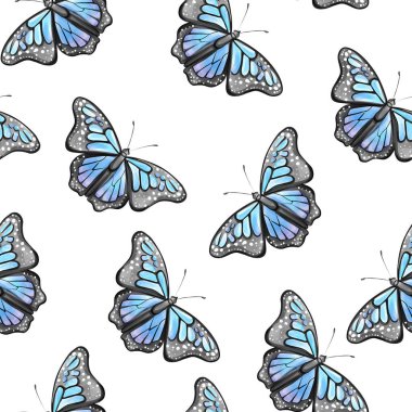 Zarif detaylara sahip parlak mavi kelebekler temiz beyaz bir zemin üzerinde yüzerler, çeşitli tasarım uygulamaları için uyumlu ve canlı bir desen oluştururlar..