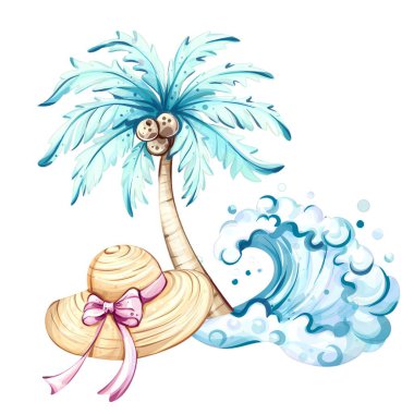 Huzurlu bir sahil atmosferi, güzel bir palmiye ağacının yavaşça sallanmasıyla, dalgaların yakınına çarpmasıyla, ve kurdeleyle süslenmiş şık bir güneş şapkası, yaz tatili ve neşeli kutlamaları simgeliyor..
