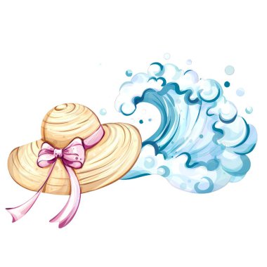 Bir hasır şapka canlı okyanus dalgalarının yanında duruyor güneşli bir plaj gününün özünü yakalıyor. Bu düzen, deniz kenarındaki yaz tatili, neşe ve tasasız anları hatırlatıyor..