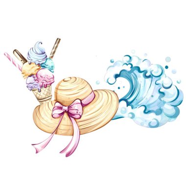 Bir kurdele ve renkli dondurma külahıyla süslenmiş saman şapkanın hoş bir kombinasyonu, eğlenceli okyanus dalgalarıyla tamamlanmış, yaz eğlencesi ve rahatlama ruhunu çağrıştırıyor..