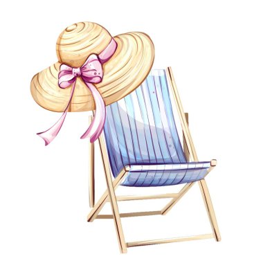 Çekici bir yaz şapkası çizgili bir plaj sandalyesinde oturuyor, rahatlama ve rahatlama hissi uyandırıyor. Deniz kenarı kaçışları ya da sıcak havalarda şenlikli plaj buluşmaları için mükemmel..