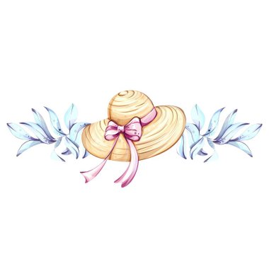 Pembe kurdeleyle süslenmiş canlı bir güneş şapkası, bereketli tropikal yaprakların arasında dinleniyor. Yaz tatilleri ve şenlikli plaj anlarıyla ilgili rahatlama ve neşe çağrıştırıyor..