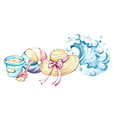 Parlak sahil ekipmanları okyanus kıyısında eğlenceli bir gün sergiliyor. Neşeli bir balo, güzel bir kurdeleli bir güneş şapkası ve güneşin altında açılmayı bekleyen neşeli anları anlatan bir turkuaz kova..