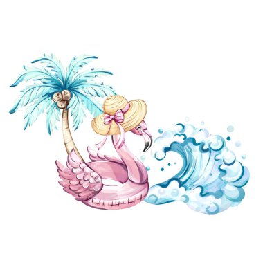 Neşeli bir flamingo yüzer hindistan cevizi palmiyesinin yanında, dalgalar etrafa saçılır, yaz tatillerinin, plaj gezilerinin ve deniz kenarında neşeli kutlamaların özünü yakalar..