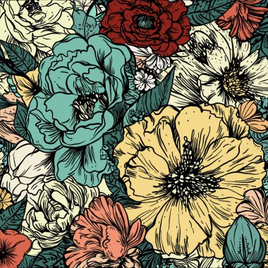 Mürekkep çizimi çiçek açan bir bahçenin özünü yakalar, kağıdın üzerinde çeşitli çiçek ve yaprakların ahenkli bir karışımı canlanır..