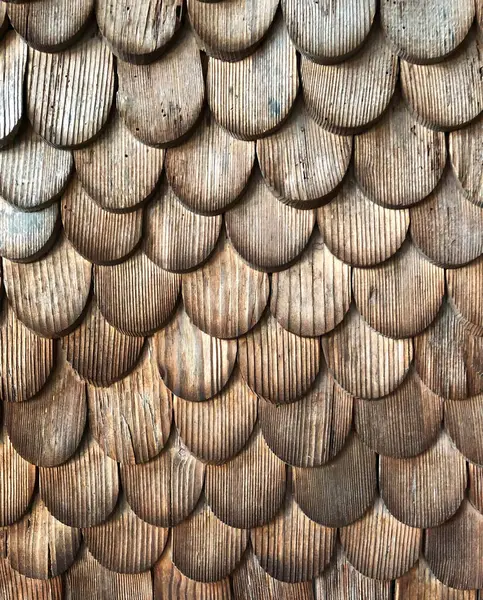 Her balık pulu şekilli parçadaki karmaşık desenleri ve dokuları gösteren ahşap bir kiremit dokusunun detaylı bir fotoğrafı.
