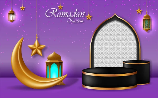 ラマダーン カレムグリーティング カード ベクトル イスラムの祝日のお祝いバナー 華やかな三日月とランタンと星で表彰台を見る 現実的な3Dイラスト — ストックベクタ