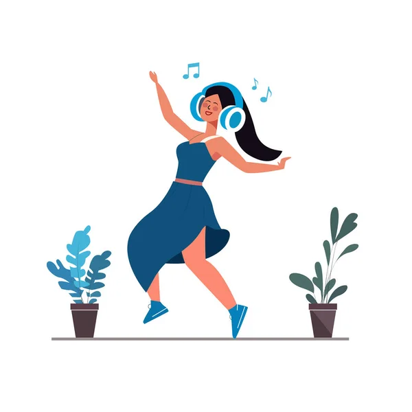 Mujer Feliz Baile Mujer Bailando Mientras Escucha Música — Vector de stock