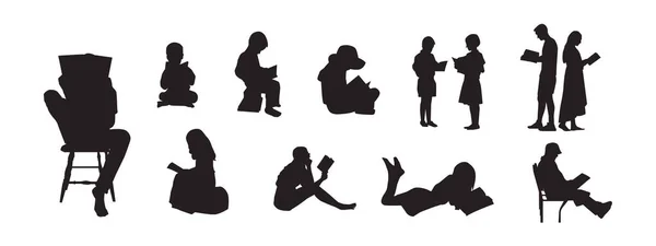 Gente Legge Silhouette Del Libro Uomo Donna Bambini Che Leggono — Vettoriale Stock