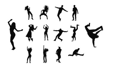 İnsanlar dans eder, erkek ve kadın siluetleri. Sembol, logo, web simgesi, maskot, etiket tasarımı veya istediğiniz herhangi bir tasarım için iyi bir kullanım.