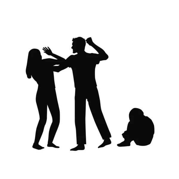 Violence Conjugale Mari Battant Femme Enfant Pleurant — Image vectorielle