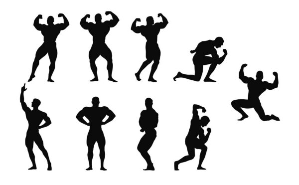 Set bodybuilders vector silhouettes posing men. Muscle man