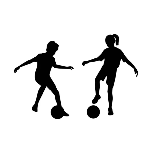 Barn Som Spelar Fotboll Vektor Silhuetter — Stock vektor