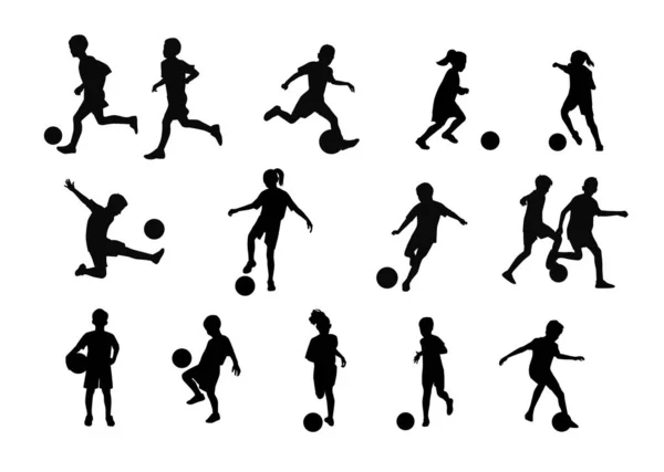 Παιδιά Που Παίζουν Silhouettes Φορέα Ποδοσφαίρου — Διανυσματικό Αρχείο
