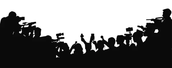 Stock vector Journalists Interviewing. Press conference reporters crowd. Crowd of people with video cameras