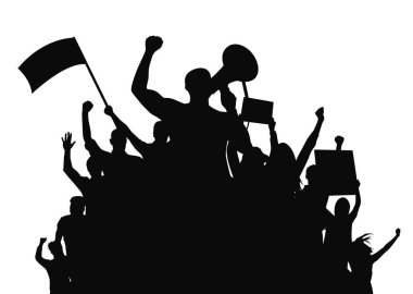 Crowd people flags, banners. Sports, crowds, fans. Demonstrations strikes, revolutions silhouette clipart