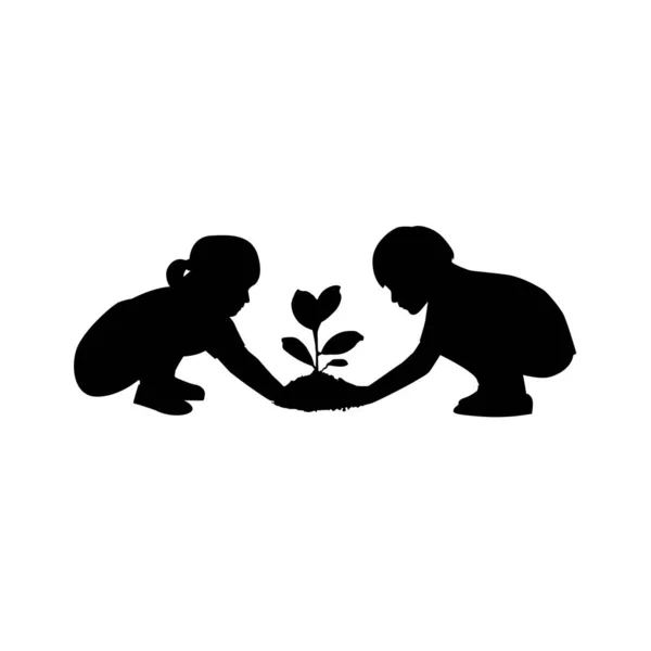 Crianças Plantando Silhueta Árvore —  Vetores de Stock