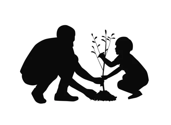 男と子供植樹ツリーシルエットセット — ストックベクタ