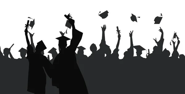 男の卒業生の群衆は 卒業キャップをスローします 大学卒業 — ストックベクタ