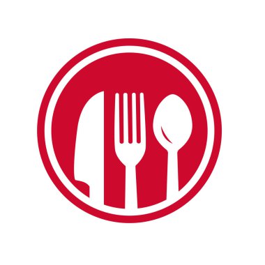 Aşçı logosu, restoran logosu. Kaşık, çatal, bıçak ve tabak.