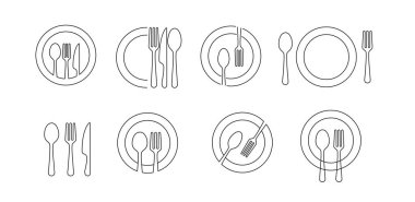 Kaşık, çatal, bıçak ve tabak. Aşçı logosu, restoran logosu. Mutfak aletleri