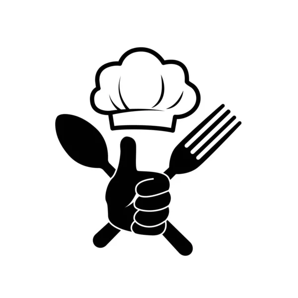 Stock vector Restaurant reviews. Thump up hand with hef hat, spoon, fork