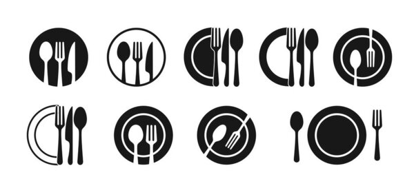 Spoon, fork, knife and plate. Cook logo, restaurant logo. Kitchen utensils