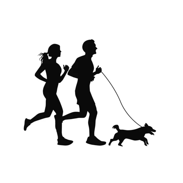Бег Домашним Животным Мужчина Женщина Бегают Вместе Собакой — стоковый вектор