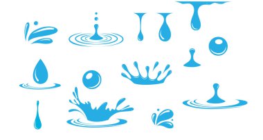 Mavi damlalar, sıçrama, boya damlaları, dökülen su, sprey ikonlar.