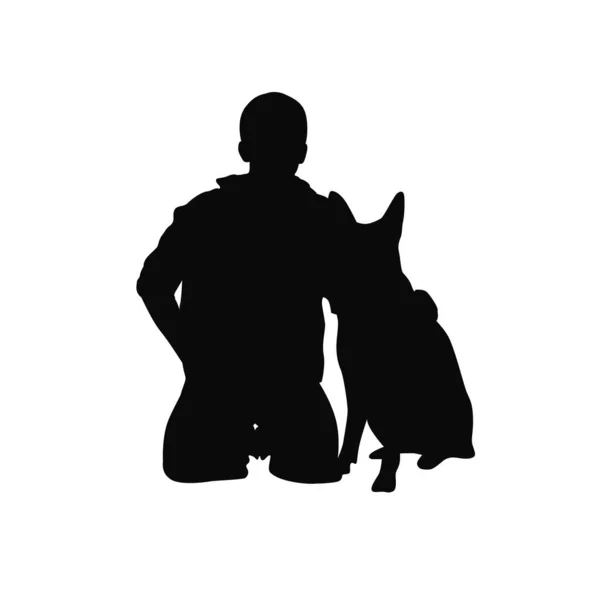 Mann Mit Hund Sitzend Liebestier Haustierliebhaber Silhouette — Stockvektor