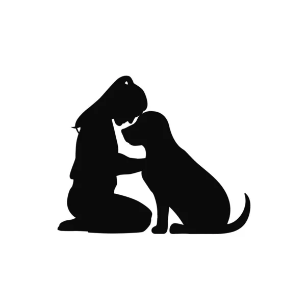 Vrouw Knuffelen Haar Hond Liefde Huisdier Huisdier Minnaar Silhouet — Stockvector