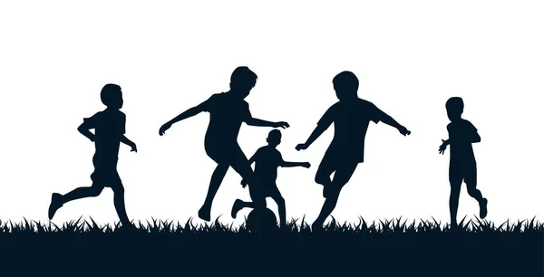 Niños Jugando Fútbol Siluetas Futbolista Niños Con Pelota — Archivo Imágenes Vectoriales