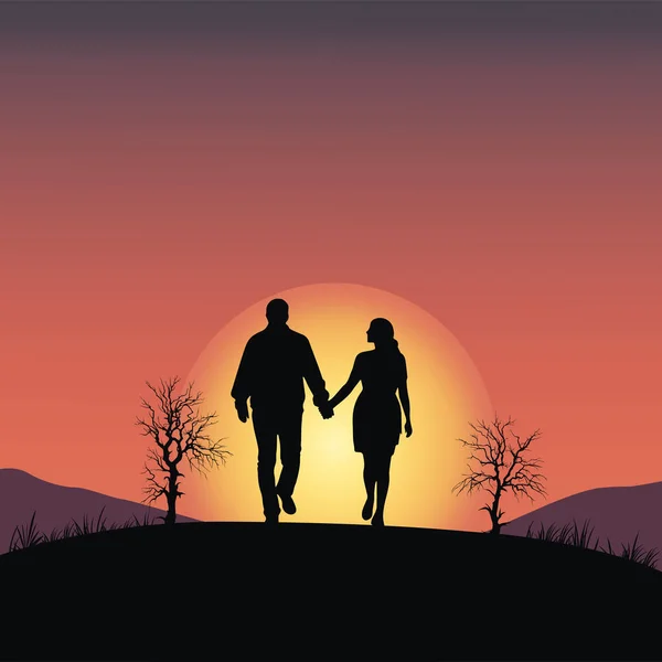 カップルは日没で歩く手を保持し 愛するカップルシルエット — ストックベクタ