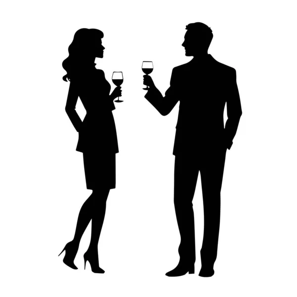 Mężczyzna Kobieta Pijący Wino Razem Sylwetka — Wektor stockowy