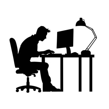 Bilgisayarda çalışan adam, tasarımcı, ofiste çalışan, ofis personeli slihouette