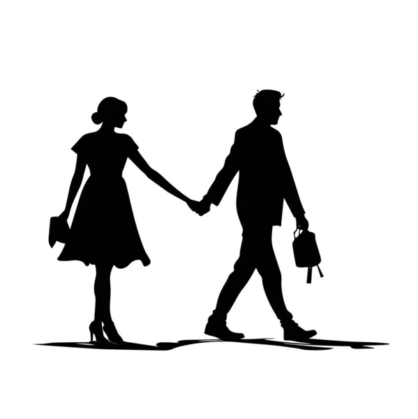 Paar Händchen Haltend Beim Gemeinsamen Gehen Paar Liebende Menschen Silhouetten — Stockvektor