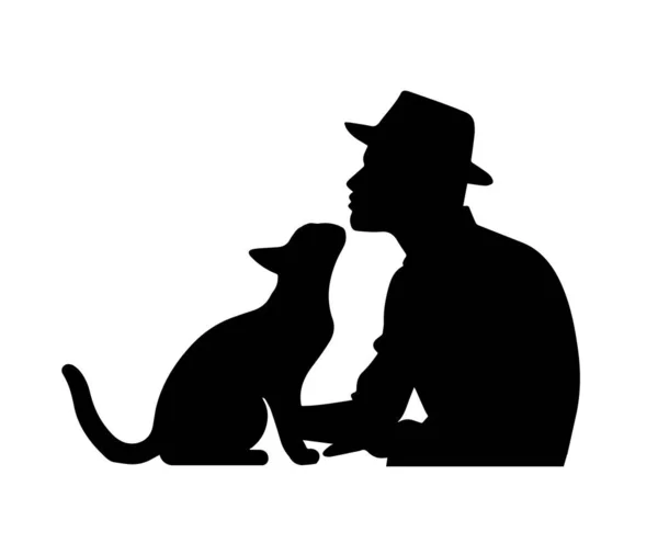 Muž Kočkou Muž Líbání Kočka Milovníci Koček Milovníci Zvířat Silueta — Stockový vektor