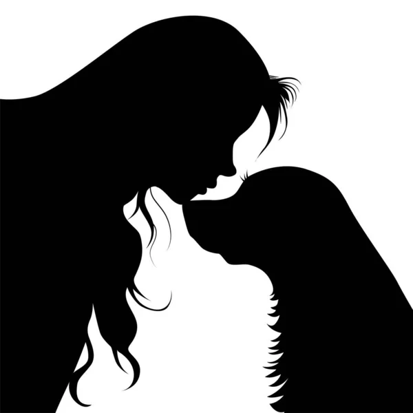 犬と女性 犬にキス 愛ペットの概念ベクターシルエット — ストックベクタ