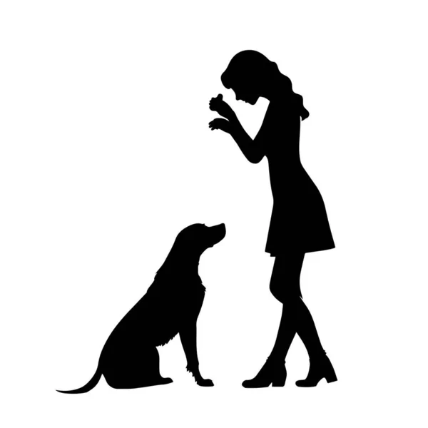 Pige Lærer Hund Sidde Behandler Silhuet – Stock-vektor