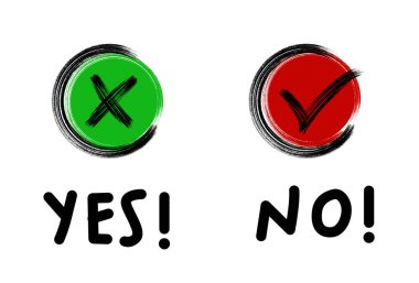 Yes No, green check mark and red cross isolated vector, yes or no concept clipart