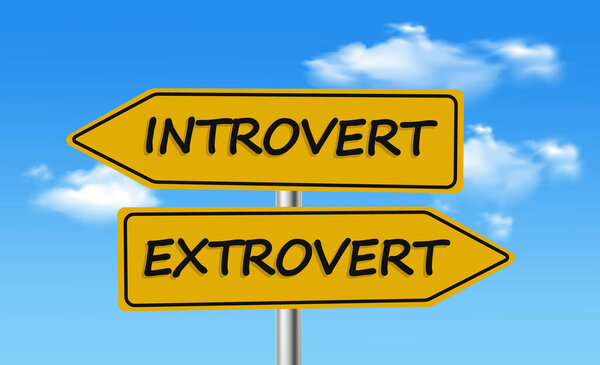 Conflict of Introvert vs Extrovert, Introvert - Extrovert signpost with sky background vector illustration