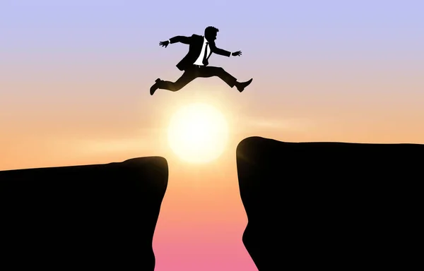 ビジネスは丘間のギャップを飛び越え 男は崖の上を飛び越え 日没の背景で ビジネスコンセプトの考え — ストックベクタ