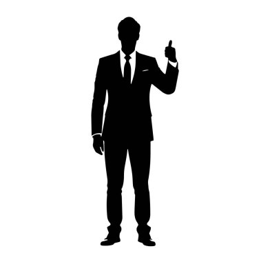 Parmak uçlarında el silueti olan bir iş adamı, baş parmağını kaldıran bir iş adamı, başarılı bir iş adamı.