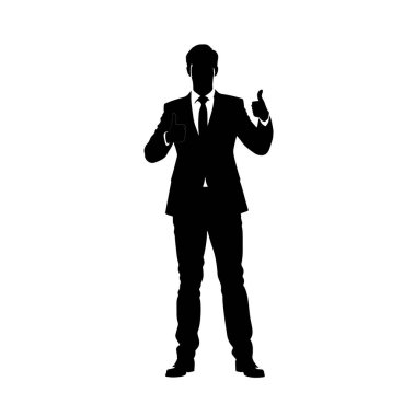 Parmak uçlarında el silueti olan bir iş adamı, baş parmağını kaldıran bir iş adamı, başarılı bir iş adamı.