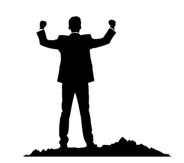 İş adamı elini kaldırarak dağda duruyor, başarılı konsept, iş başarısı